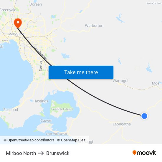 Mirboo North to Brunswick map