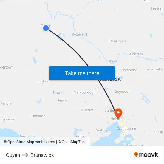 Ouyen to Brunswick map