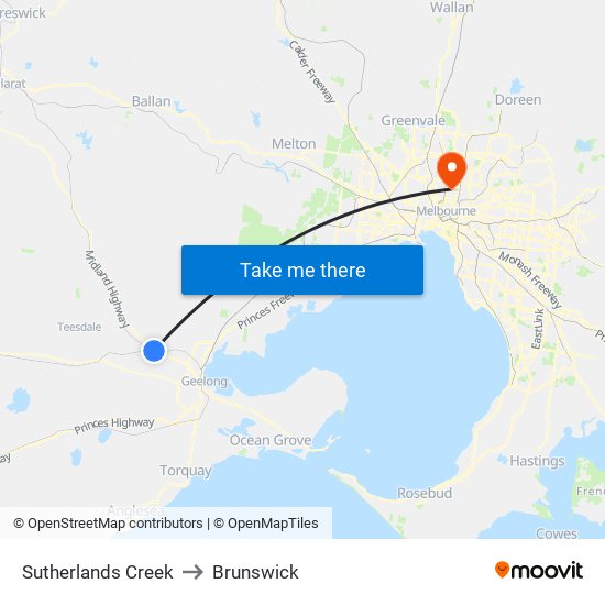 Sutherlands Creek to Brunswick map