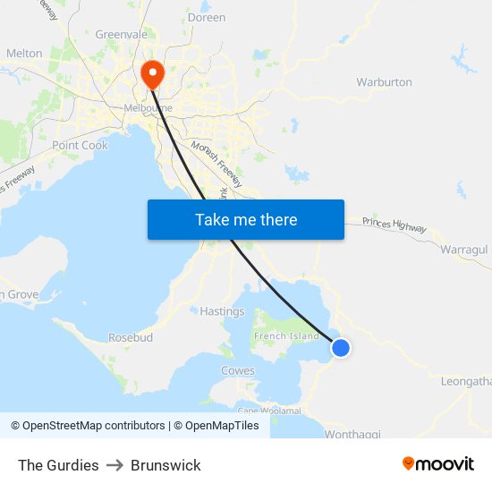 The Gurdies to Brunswick map