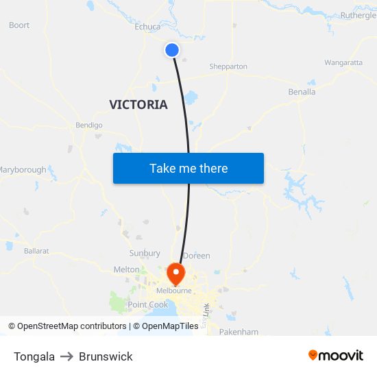 Tongala to Brunswick map