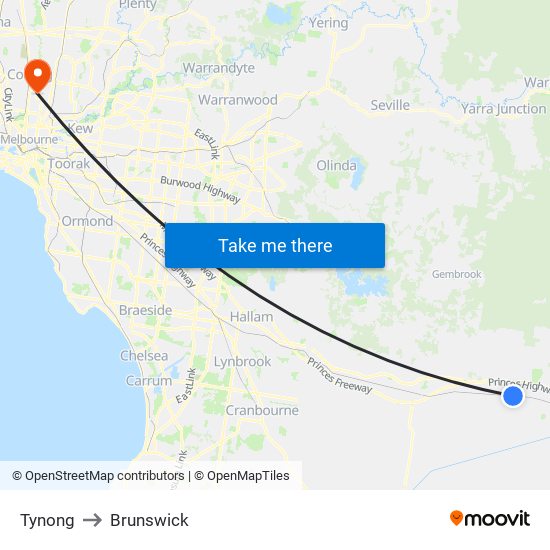 Tynong to Brunswick map