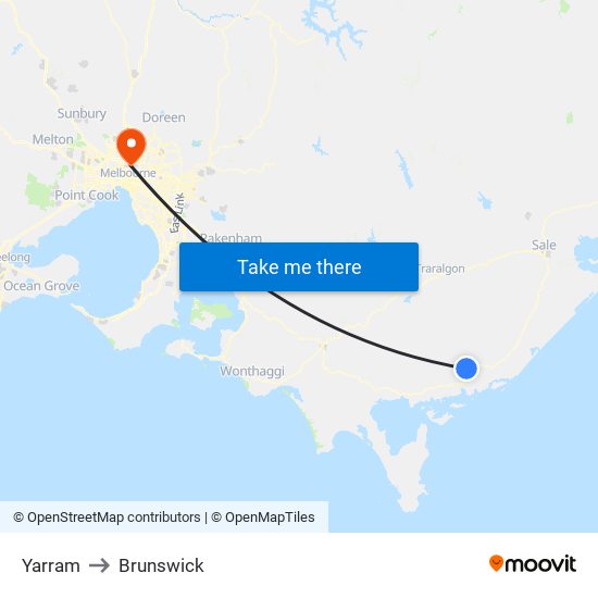 Yarram to Brunswick map