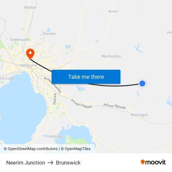 Neerim Junction to Brunswick map