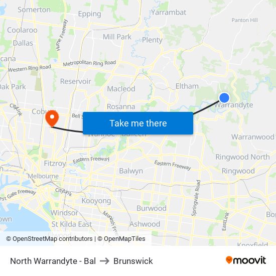 North Warrandyte - Bal to Brunswick map