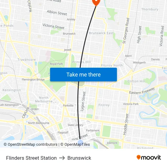 Flinders Street Station to Brunswick map