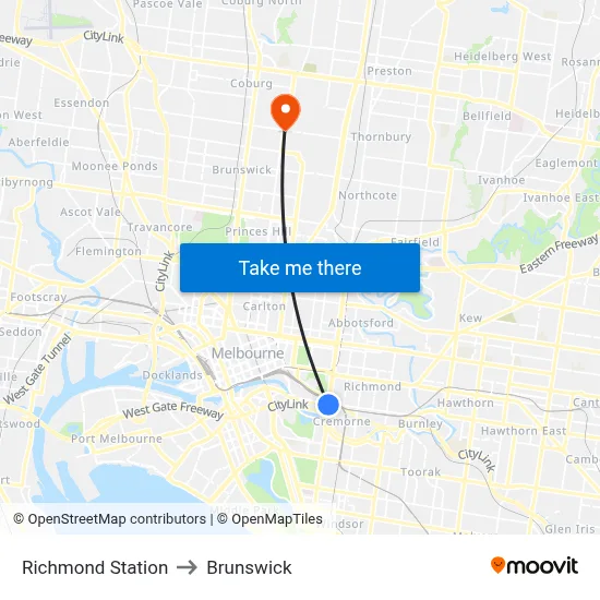 Richmond Station to Brunswick map