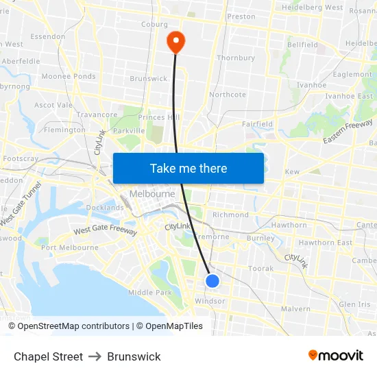 Chapel Street to Brunswick map