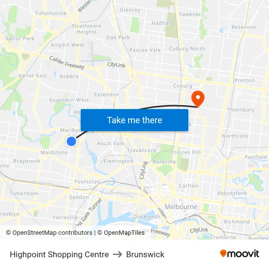 Highpoint Shopping Centre to Brunswick map