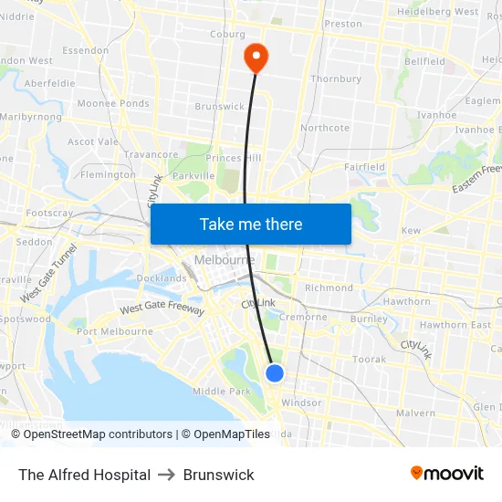 The Alfred Hospital to Brunswick map