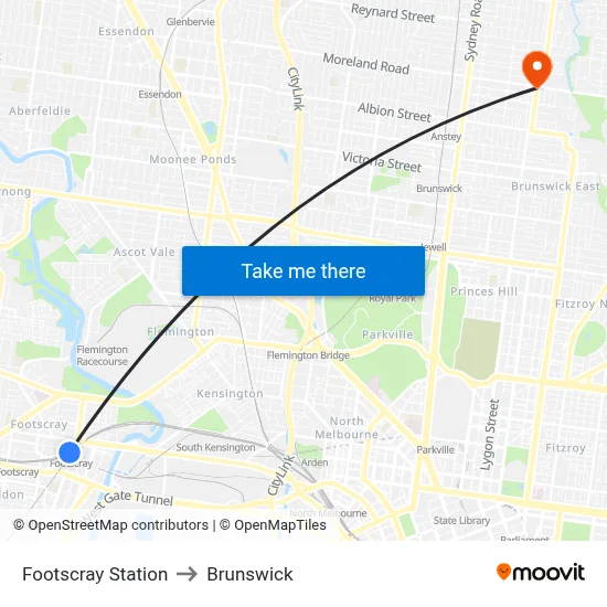 Footscray Station to Brunswick map