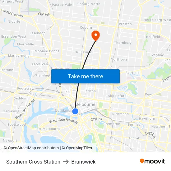 Southern Cross Station to Brunswick map