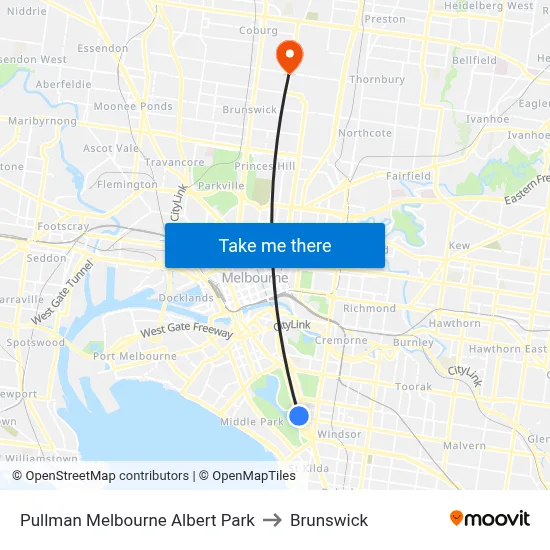 Pullman Melbourne Albert Park to Brunswick map