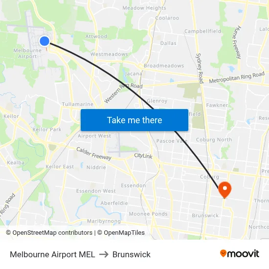Melbourne Airport MEL to Brunswick map