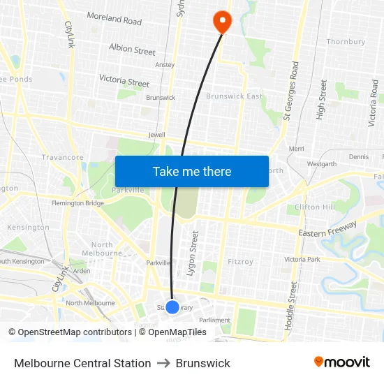 Melbourne Central Station to Brunswick map