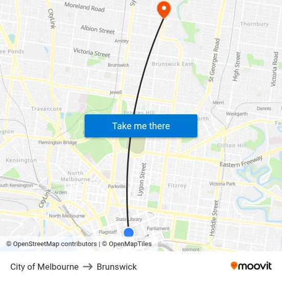 City of Melbourne to Brunswick map