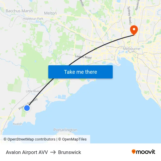 Avalon Airport AVV to Brunswick map