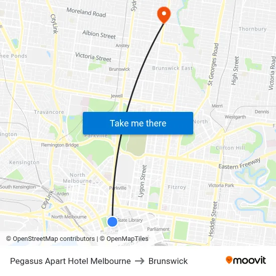 Pegasus Apart Hotel Melbourne to Brunswick map