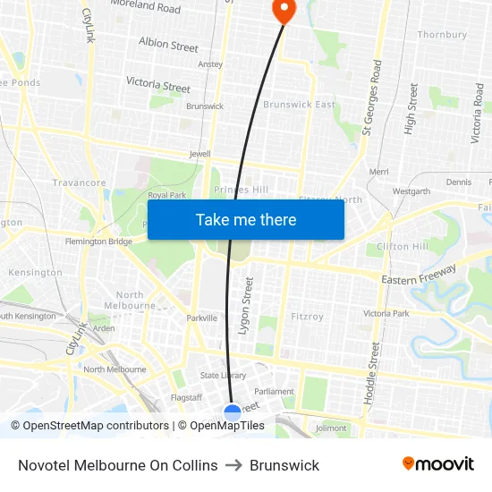 Novotel Melbourne On Collins to Brunswick map