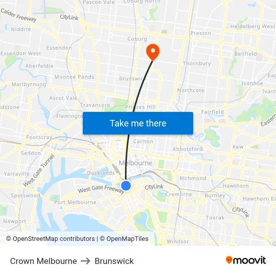 Crown Melbourne to Brunswick map