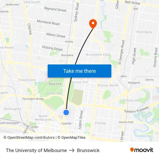 The University of Melbourne to Brunswick map