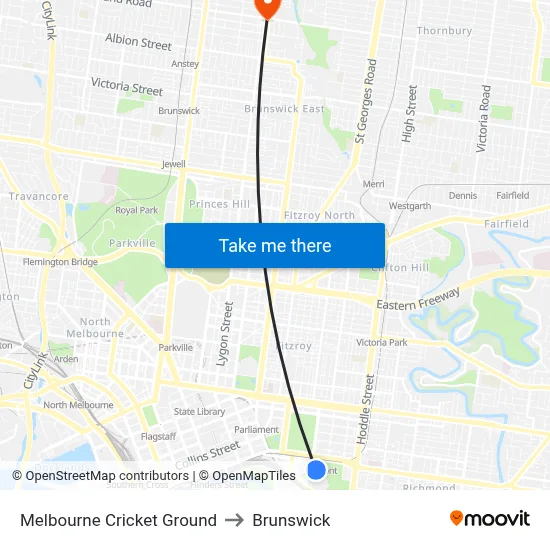 Melbourne Cricket Ground to Brunswick map