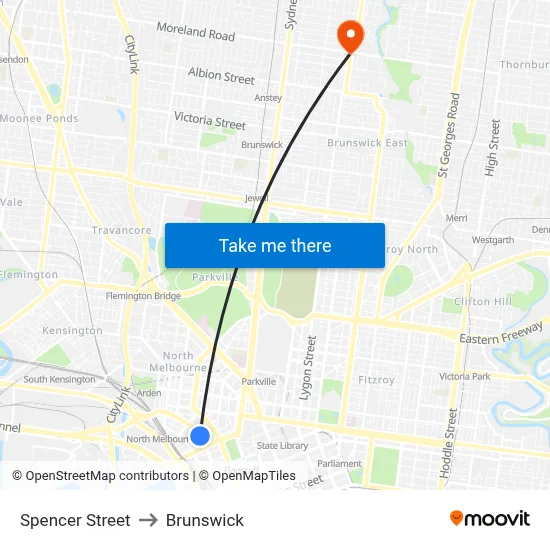 Spencer Street to Brunswick map