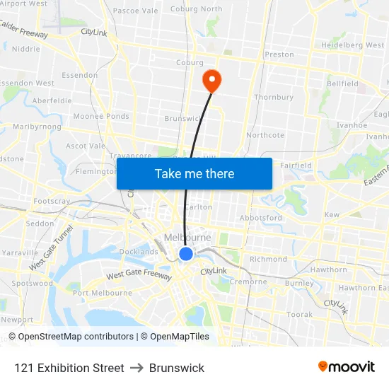 121 Exhibition Street to Brunswick map