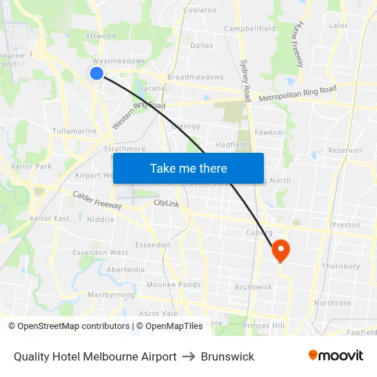 Quality Hotel Melbourne Airport to Brunswick map