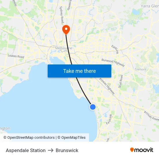 Aspendale Station to Brunswick map