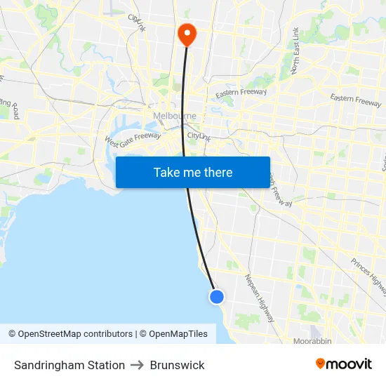 Sandringham Station to Brunswick map