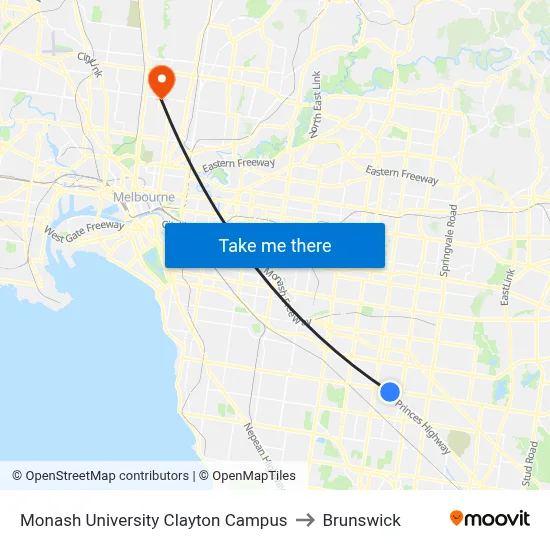 Monash University Clayton Campus to Brunswick map