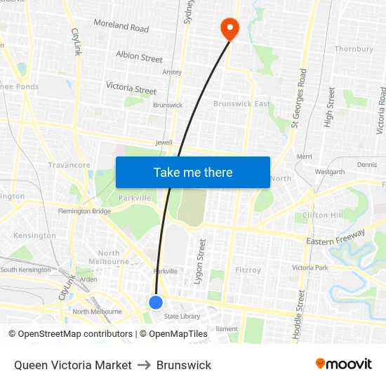 Queen Victoria Market to Brunswick map