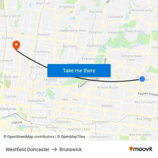 Westfield Doncaster to Brunswick map