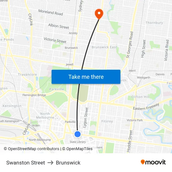 Swanston Street to Brunswick map