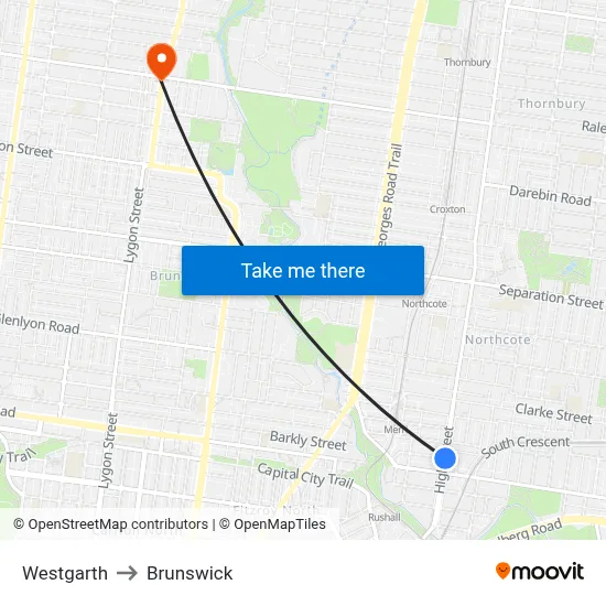 Westgarth to Brunswick map