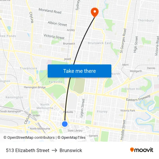 513 Elizabeth Street to Brunswick map