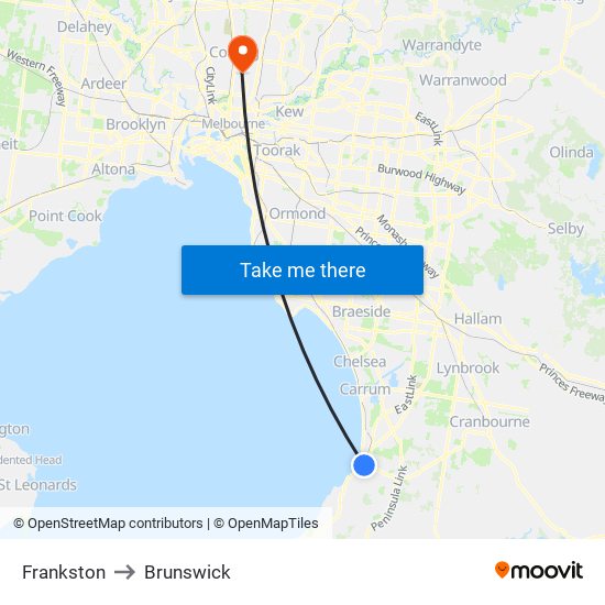 Frankston to Brunswick map