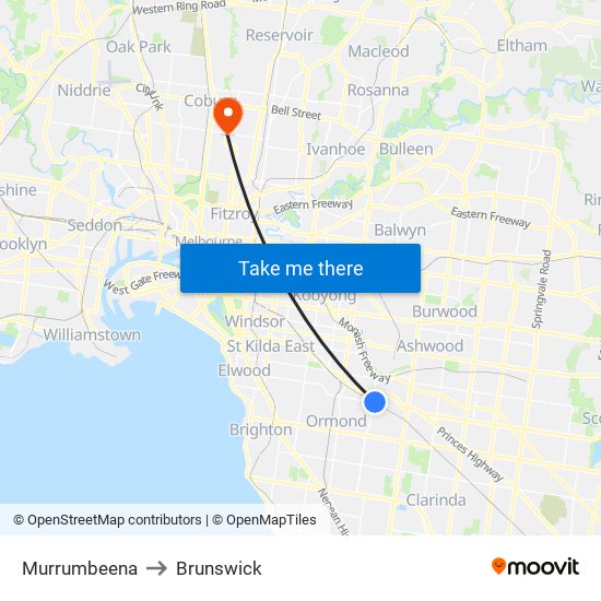 Murrumbeena to Brunswick map