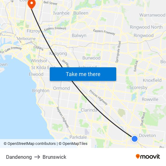 Dandenong to Brunswick map