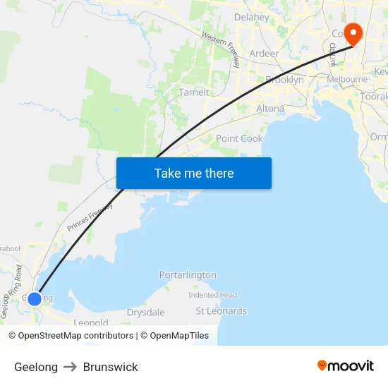Geelong to Brunswick map
