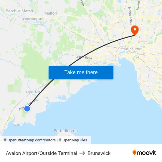 Avalon Airport/Outside Terminal to Brunswick map