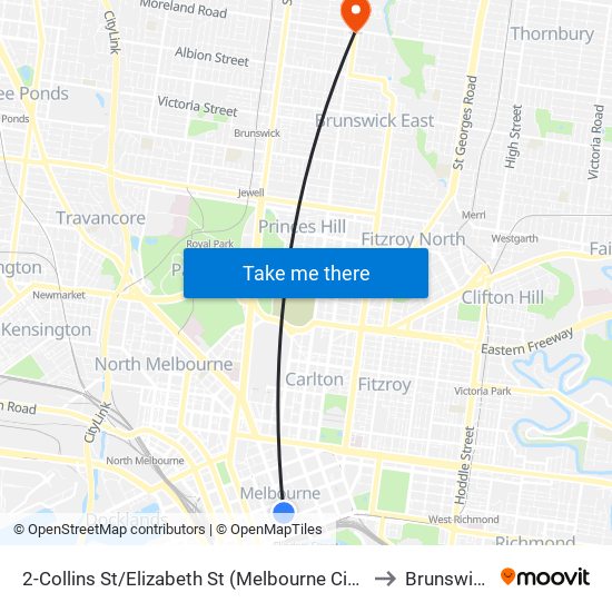 2-Collins St/Elizabeth St (Melbourne City) to Brunswick map