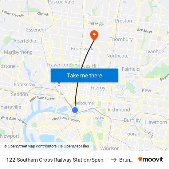 122-Southern Cross Railway Station/Spencer St (Melbourne City) to Brunswick map