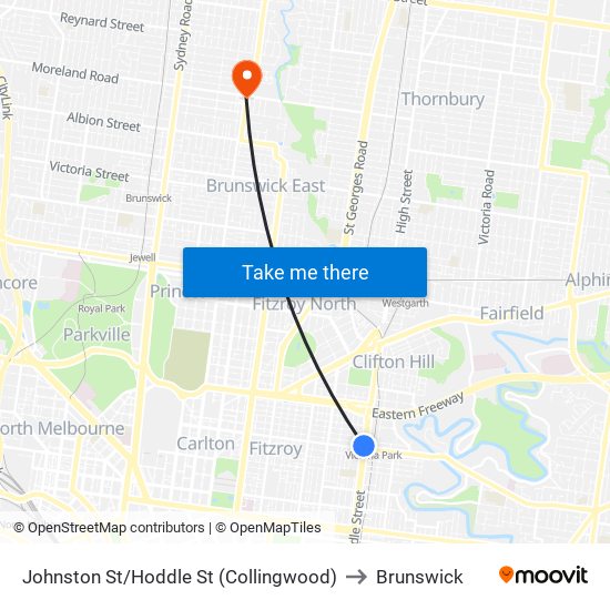 Johnston St/Hoddle St (Collingwood) to Brunswick map