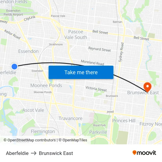 Aberfeldie to Brunswick East map
