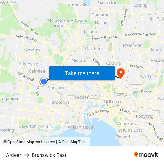 Ardeer to Brunswick East map