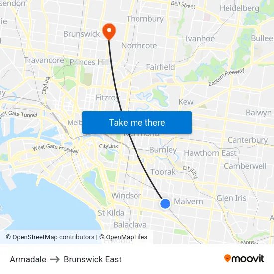 Armadale to Brunswick East map