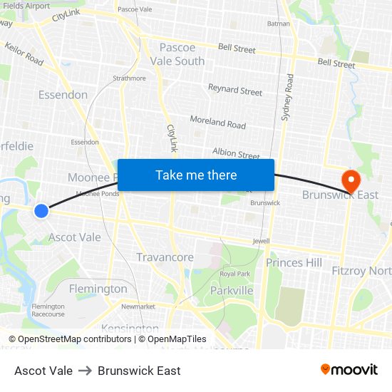 Ascot Vale to Brunswick East map