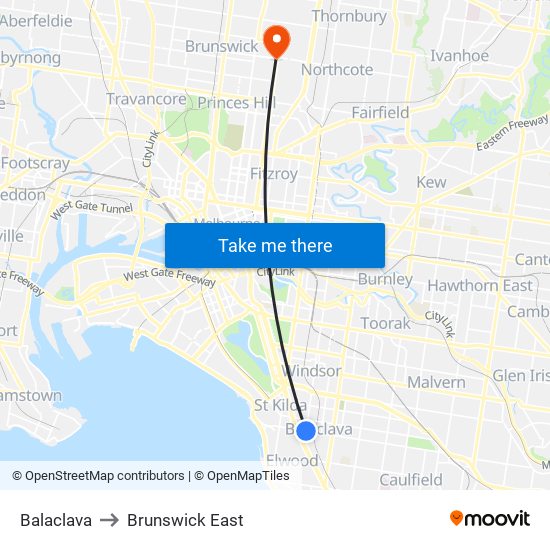 Balaclava to Brunswick East map